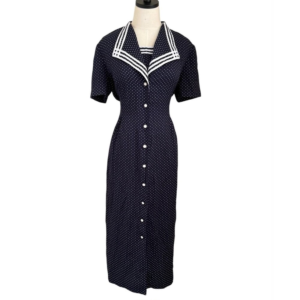 Vintage Miss Dorby Petites Navy Polka Dot Midi Dress Sailor Collar Belt Petite